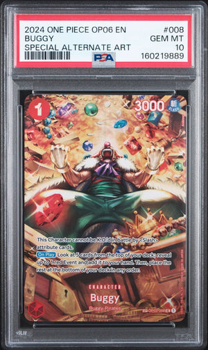 A graded collectible trading card in a clear PSA slab. The card is a 2024 One Piece OP06 EN Buggy Gem Mt character card, featuring artwork of Buggy the Clown with a large red sack over his body, with a red PSA grading label at the top.