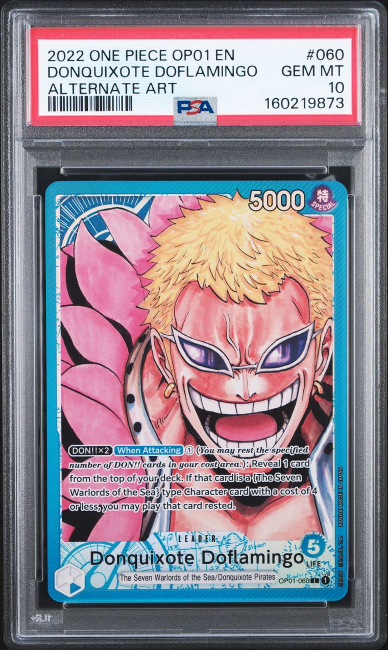 A graded One Piece trading card of Donquixote Doflamingo, graded PSA Gem Mint 10. The card is inside a clear plastic PSA slab with a red and white grading label at the top.