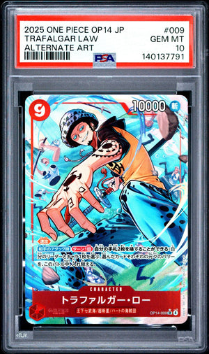 A PSA graded One Piece trading card featuring Trafalgar Law on an OP-14 JP Gem Mount alternate art card, sealed inside a clear protective plastic slab.