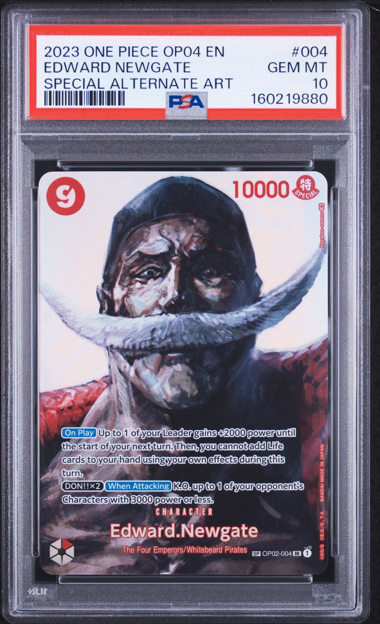 A PSA graded One Piece OP card featuring Edward Newgate, encapsulated in a clear plastic grading slab. The card is a Special Alternate Art character card with a 10000 power rating, graded a Gem Mint 10 by PSA.