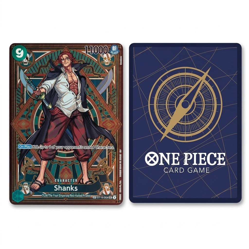 Two One Piece Card Game cards shown side by side on a white background: the front card featuring Shanks with detailed character art and stats, and the back card in dark blue with a gold compass design and the One Piece Card Game title.
