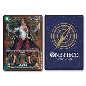 Two One Piece Card Game cards shown side by side on a white background: the front card featuring Shanks with detailed character art and stats, and the back card in dark blue with a gold compass design and the One Piece Card Game title.
