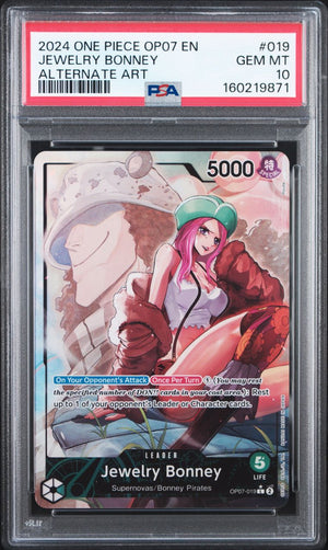 A PSA graded holographic trading card of Jewelry Bonney from One Piece OP07 EN, sealed inside a clear plastic grading slab. The card features an anime illustration of Jewelry Bonney in a red outfit and green hat, with a red PSA header card at the top.