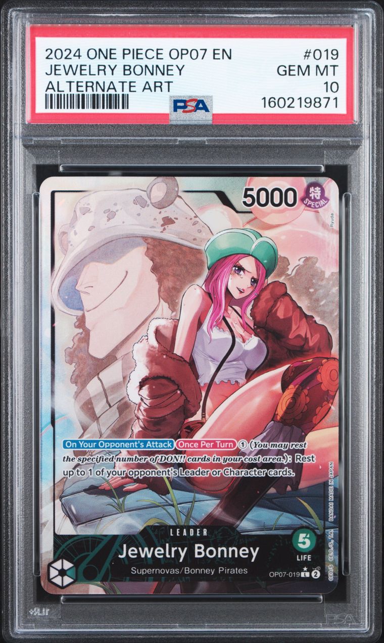 A PSA graded holographic trading card of Jewelry Bonney from One Piece OP07 EN, sealed inside a clear plastic grading slab. The card features an anime illustration of Jewelry Bonney in a red outfit and green hat, with a red PSA header card at the top.