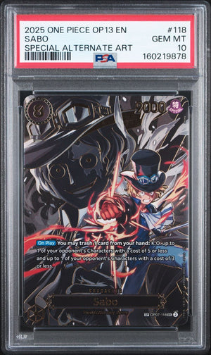 A graded collectible trading card in a clear PSA slab. The card is One Piece OP13 EN Sabo, Gem Mint 10, with a red PSA header and an anime character illustration featuring a blonde woman in a top hat and black flowing hair.