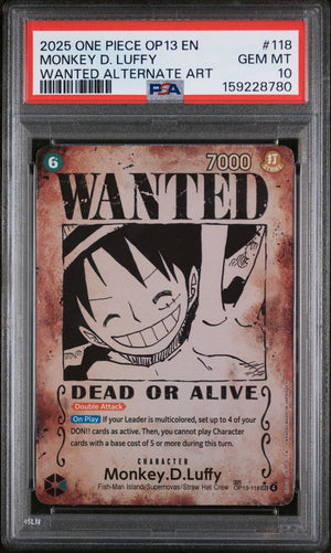 A graded One Piece trading card featuring Monkey D. Luffy's 'Dead or Alive' wanted poster, sealed in a PSA slab.