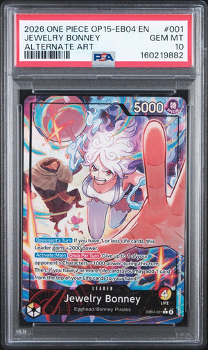 A graded collectible trading card of Jewelry Bonney from One Piece OP15, encapsulated in a PSA grading slab. The card features vibrant anime artwork with a large red hand, blue energy effects, and a black border, with a red PSA header card at the top.