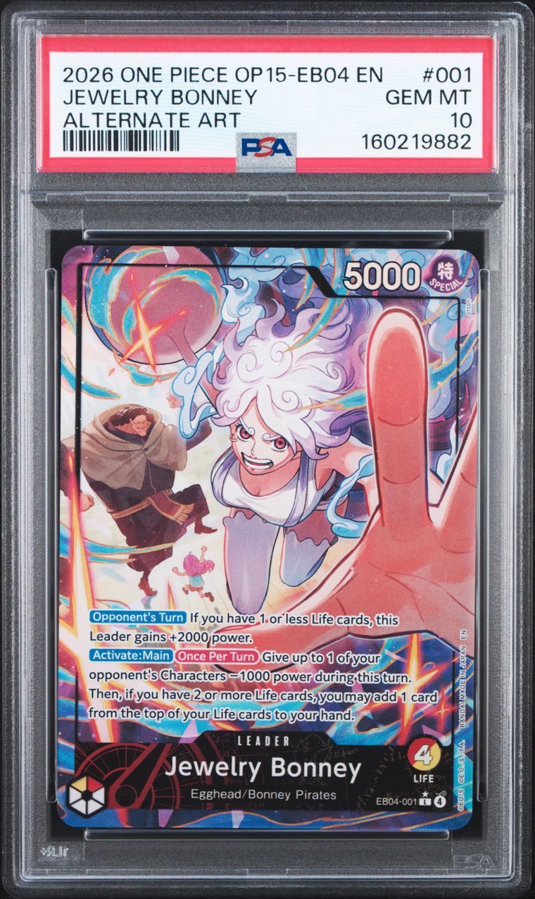 A graded collectible trading card of Jewelry Bonney from One Piece OP15, encapsulated in a PSA grading slab. The card features vibrant anime artwork with a large red hand, blue energy effects, and a black border, with a red PSA header card at the top.
