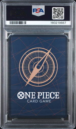 PSA graded One Piece Card Game deck box in a clear plastic PSA holder, featuring a dark blue background with a compass design and white text.