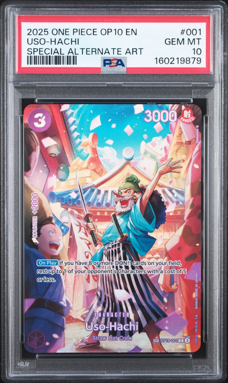 A graded collectible trading card in a clear plastic PSA slab. The card is a One Piece OP 10 EN Uso-Hachi character card with colorful anime artwork, and the top grading label shows PSA branding and product details.