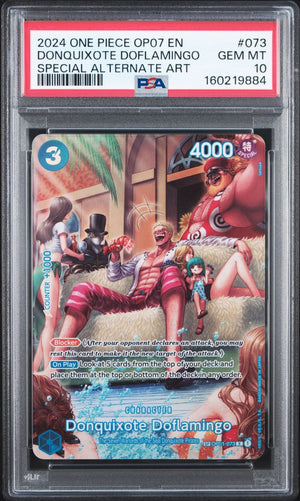 A graded One Piece OP07 trading card of Donquixote Doflamingo, graded PSA Gem Mint 10. The card is inside a clear protective plastic slab with a red PSA header card visible at the top.