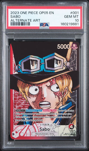A graded One Piece trading card featuring Sabo, encapsulated in a PSA Gem Mint holder. The card is an Alternate Art version with a 5000 power up, and the PSA grading label is clearly visible at the top.