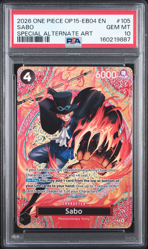 A graded One Piece trading card featuring Sabo, sealed in a PSA slab. The card is from the Special Alternate Art expansion and has a red PSA grading label at the top.