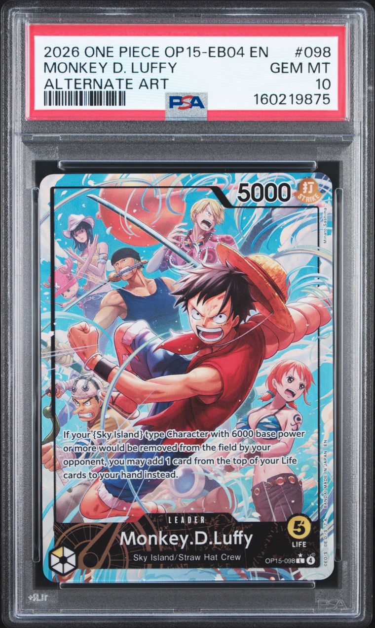 A graded One Piece trading card in a clear PSA slab. The card is Monkey D.