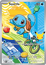 A Pokémon trading card featuring Squirtle on a blue and yellow background with a bicycle, plus a small Pikachu peeking out on the right.