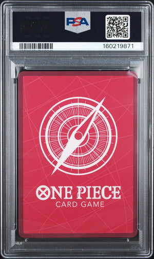 A PSA graded One Piece Card Game deck box featuring a red card face with a white compass design and text, sealed inside a clear PSA slab with a black label at the top.