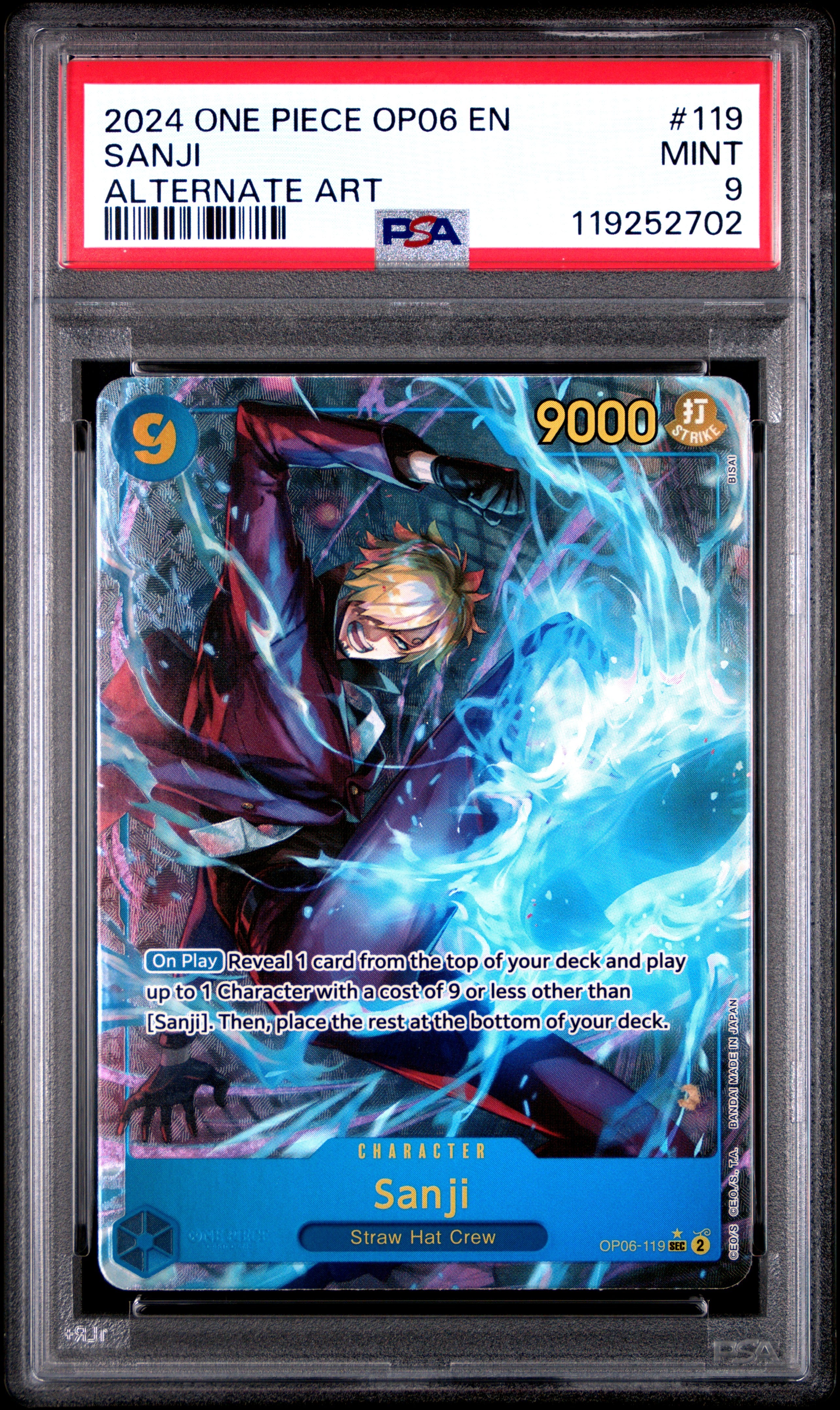 PSA 9 Mint Sanji OP06-119 Alternate Art Secret Rare One Piece Card