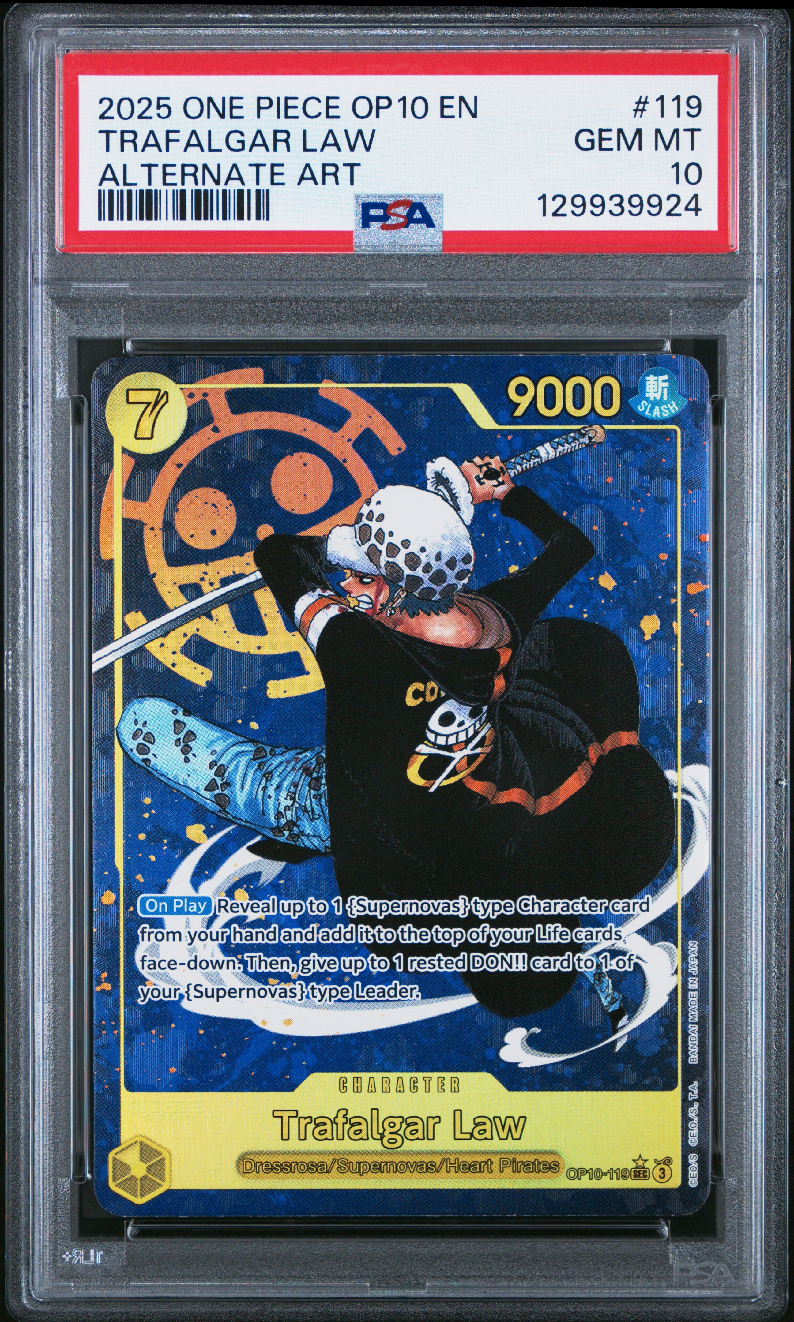 PSA 10 Gem Mint Trafalgar Law OP10-119 Alternate Art Secret Rare One Piece Card
