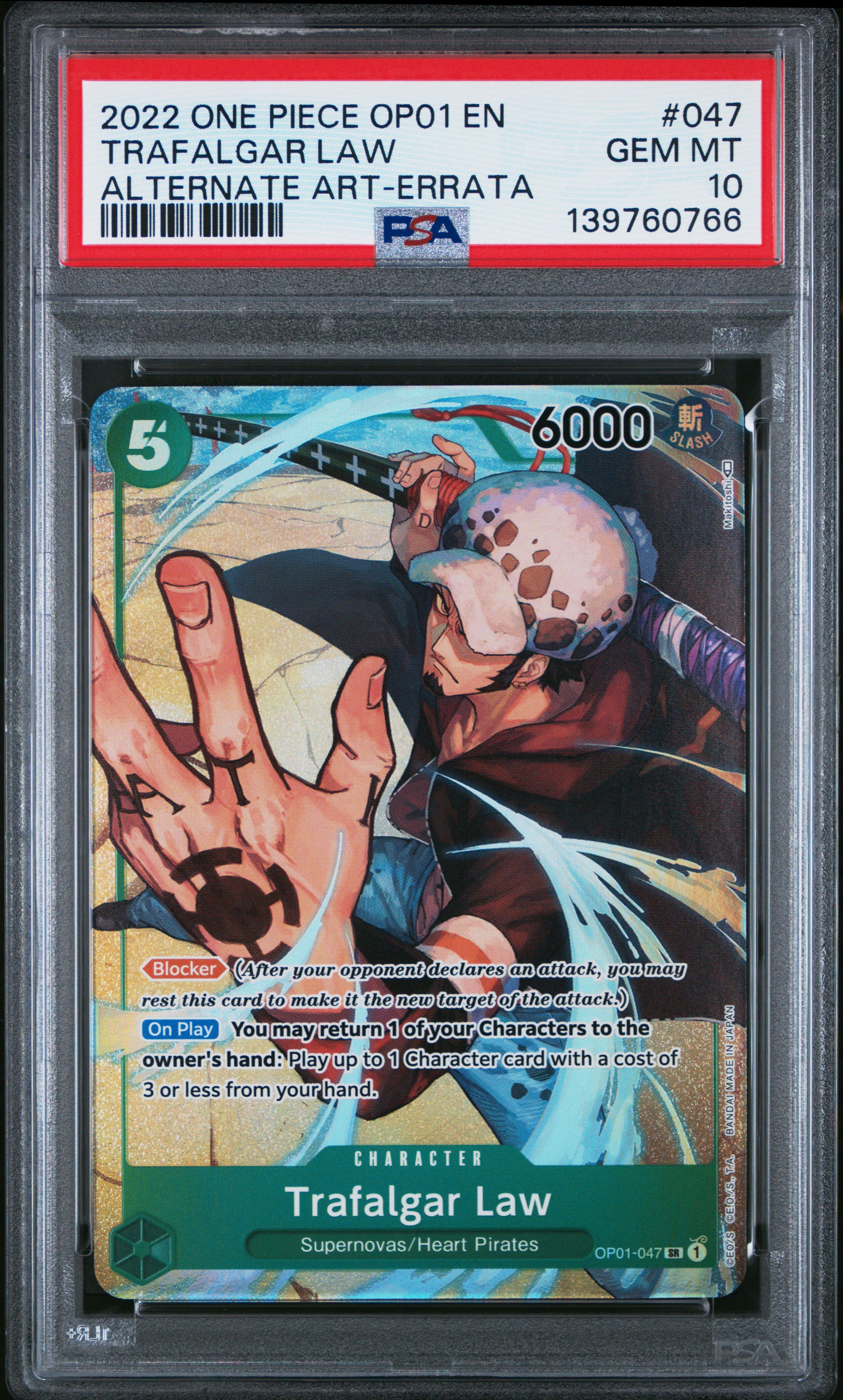 PSA 10 Gem Mint Trafalgar Law OP01-047 Alternate Art Errata One Piece Card Game slab front view.