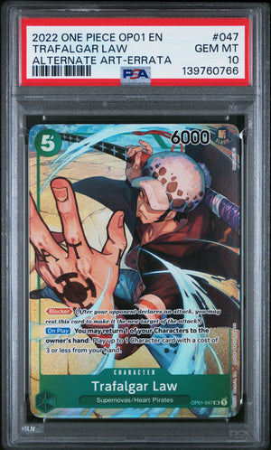 PSA 10 Gem Mint Trafalgar Law OP01-047 Alternate Art Errata One Piece Card Game slab front view.
