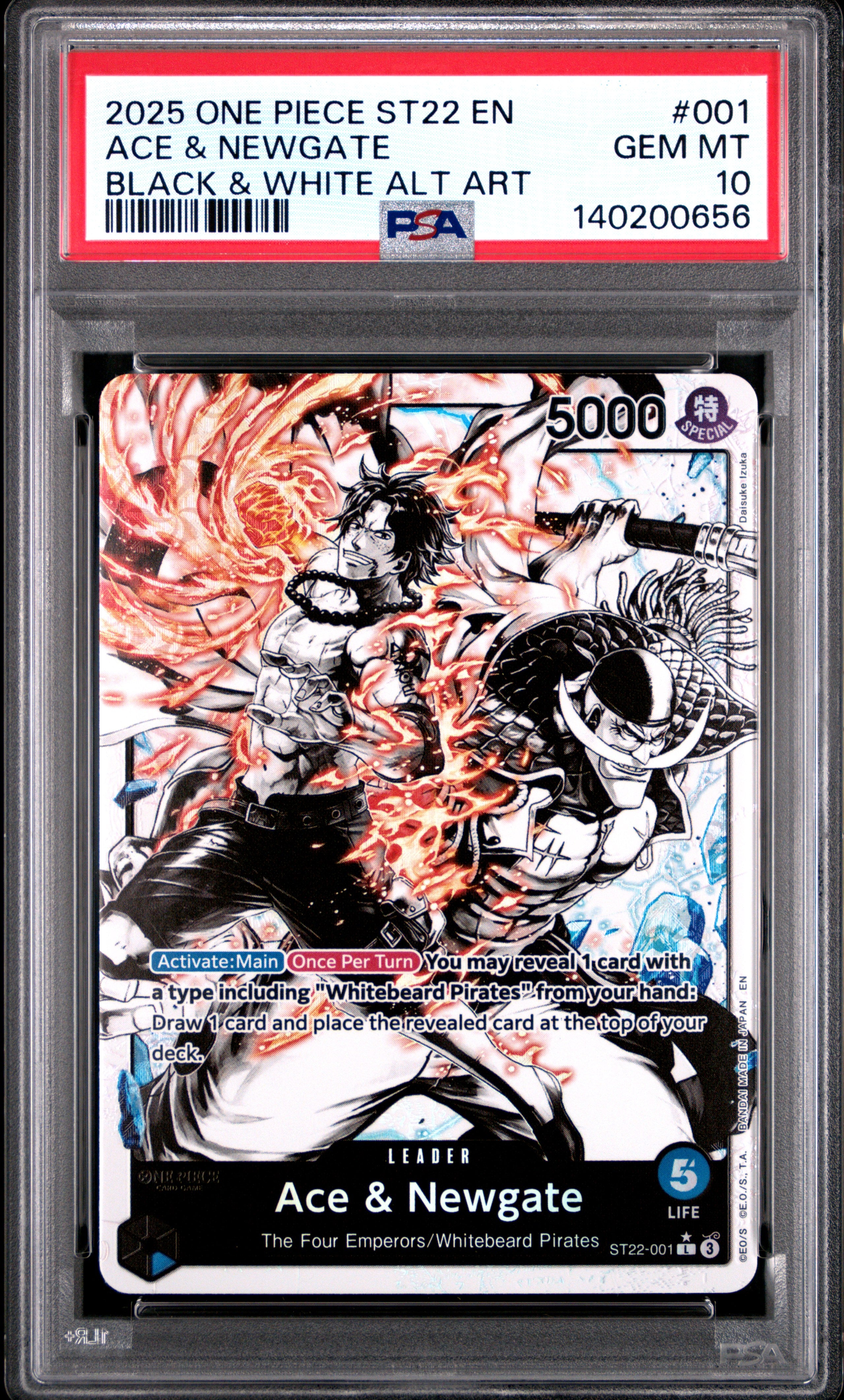 PSA 10 Gem Mint One Piece Card Game Ace & Newgate ST22-001 Black and White Alt Art Leader Card