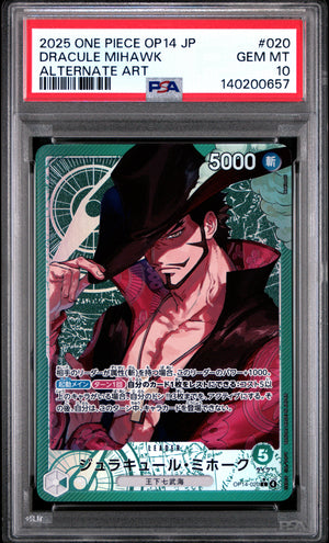 PSA 10 Gem Mint graded slab of Dracule Mihawk Alternate Art OP14-020 Leader card from the Japanese One Piece Card Game.