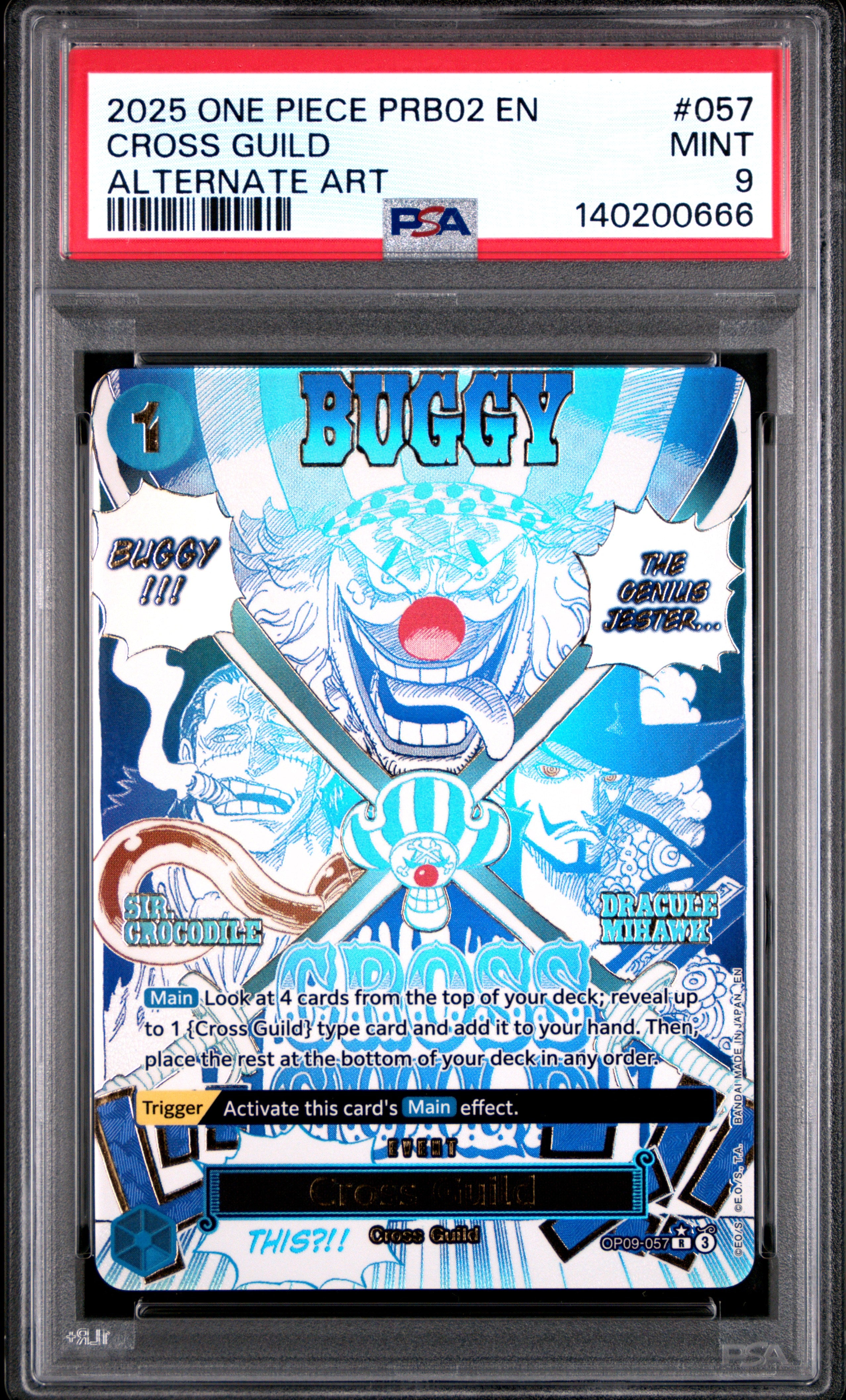 PSA 9 Mint graded One Piece TCG Cross Guild Alternate Art card OP09-057 featuring Buggy, Crocodile, and Mihawk.