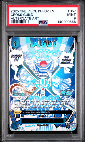 PSA 9 Mint graded One Piece TCG Cross Guild Alternate Art card OP09-057 featuring Buggy, Crocodile, and Mihawk.