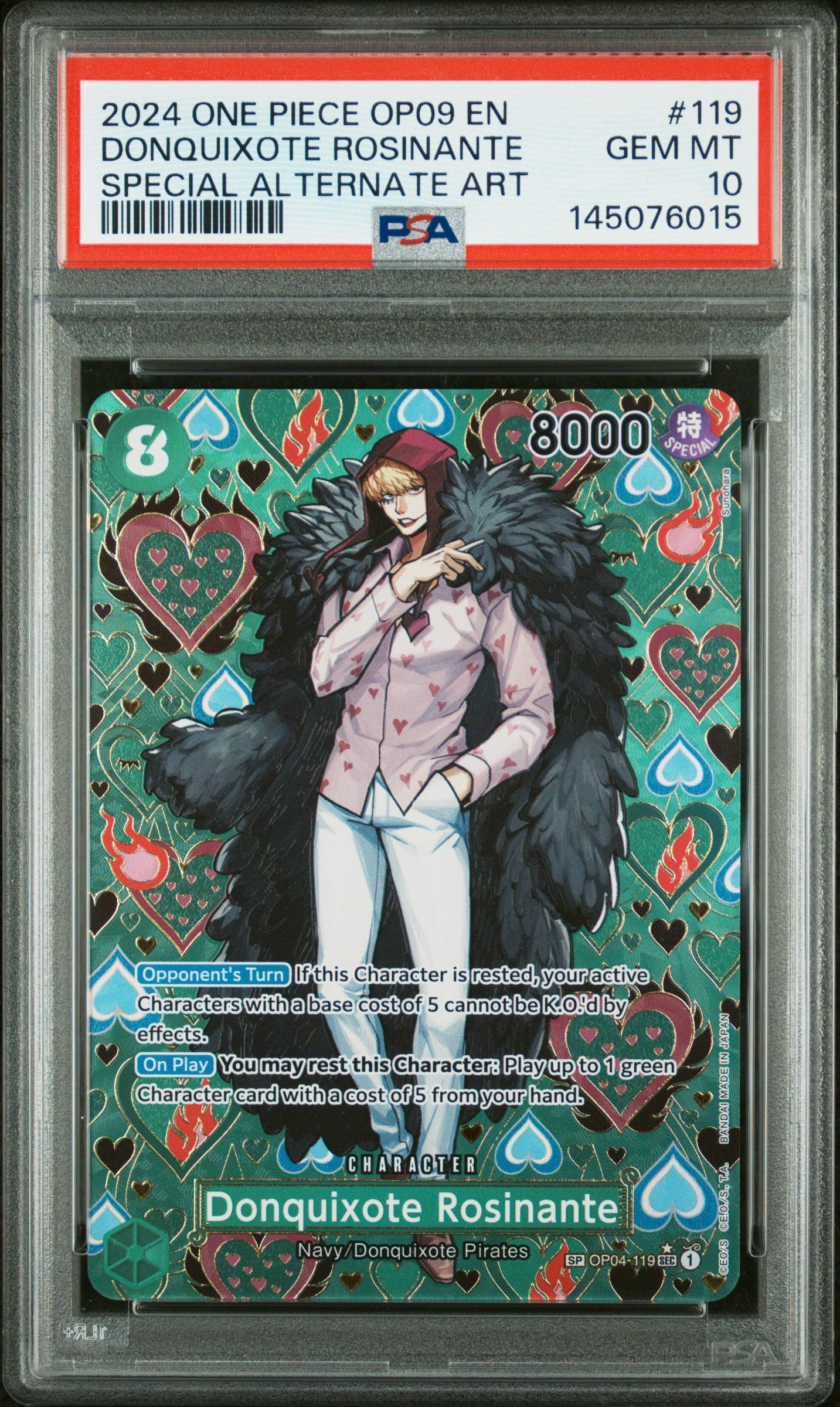 Graded PSA 10 Gem Mint Donquixote Rosinante Special Alternate Art One Piece Card from OP09 in a secure PSA slab.