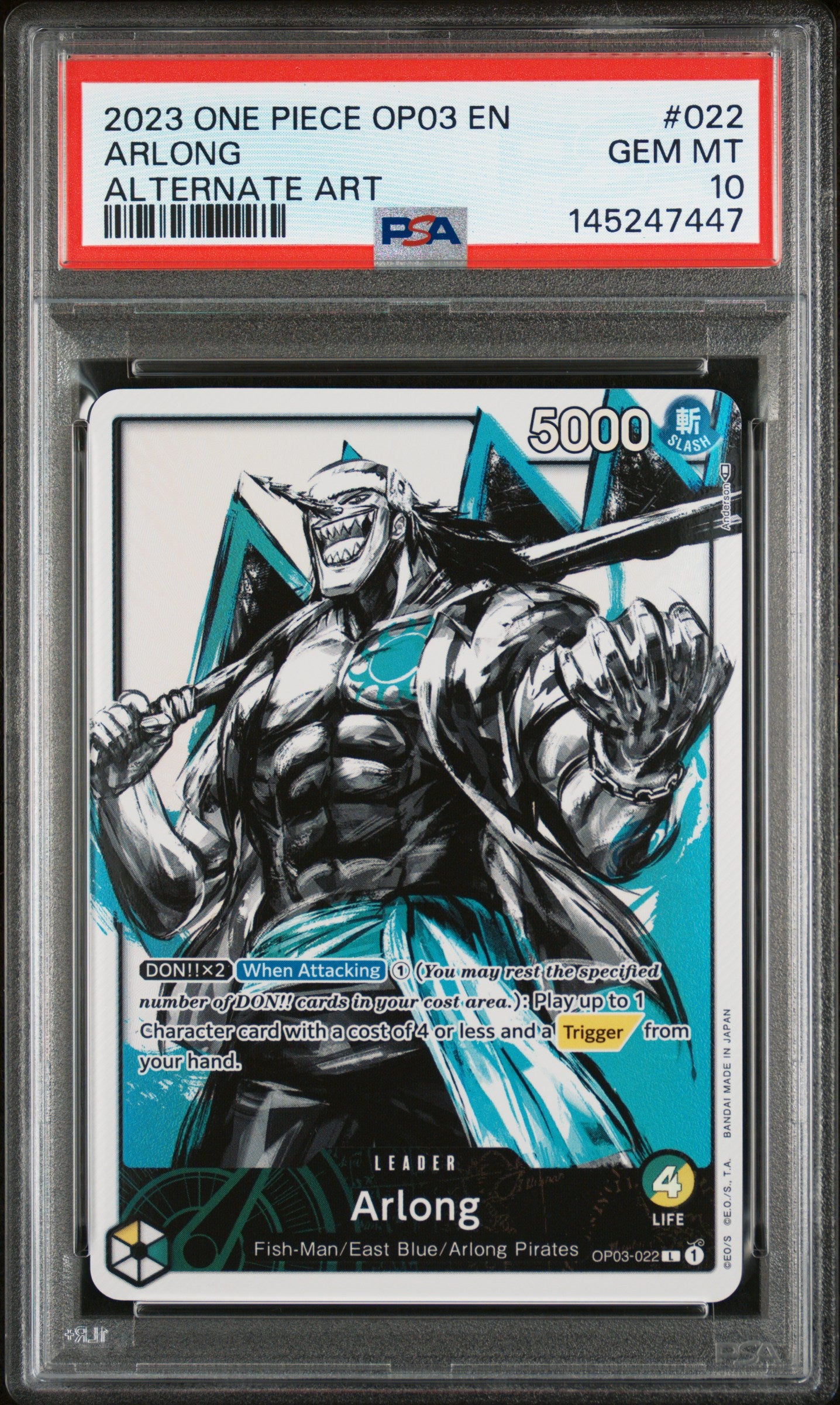 Front view of PSA 10 Gem Mint graded Arlong OP03-022 Alternate Art Leader card from the English One Piece Card Game.