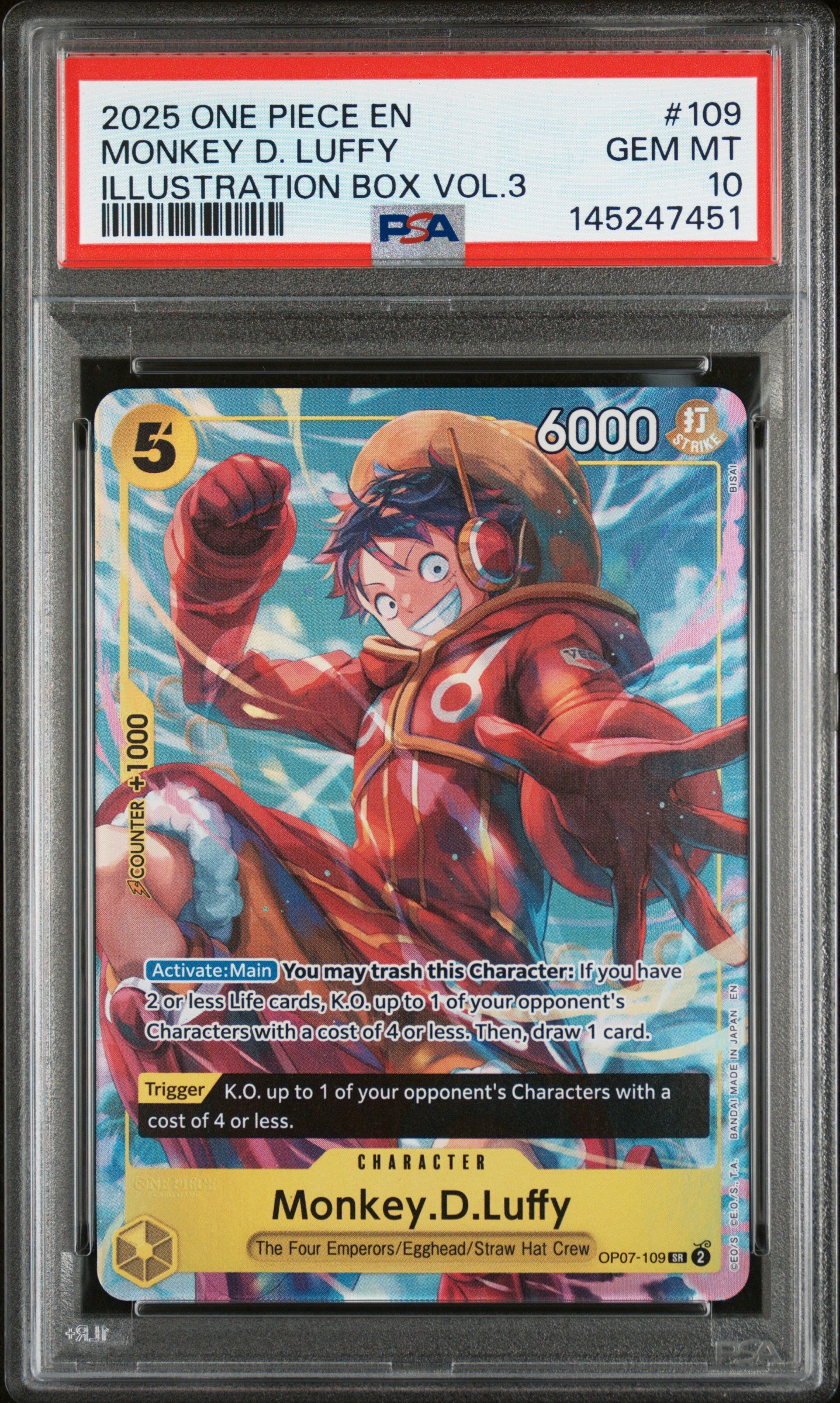PSA 10 Gem Mint Monkey D. Luffy OP07-109 Super Rare card from the One Piece 2025 Illustration Box Vol. 3.