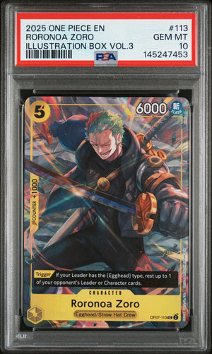 Graded PSA 10 Gem Mint Roronoa Zoro OP07-113 One Piece Card Game Illustration Box Vol. 3 slab front.