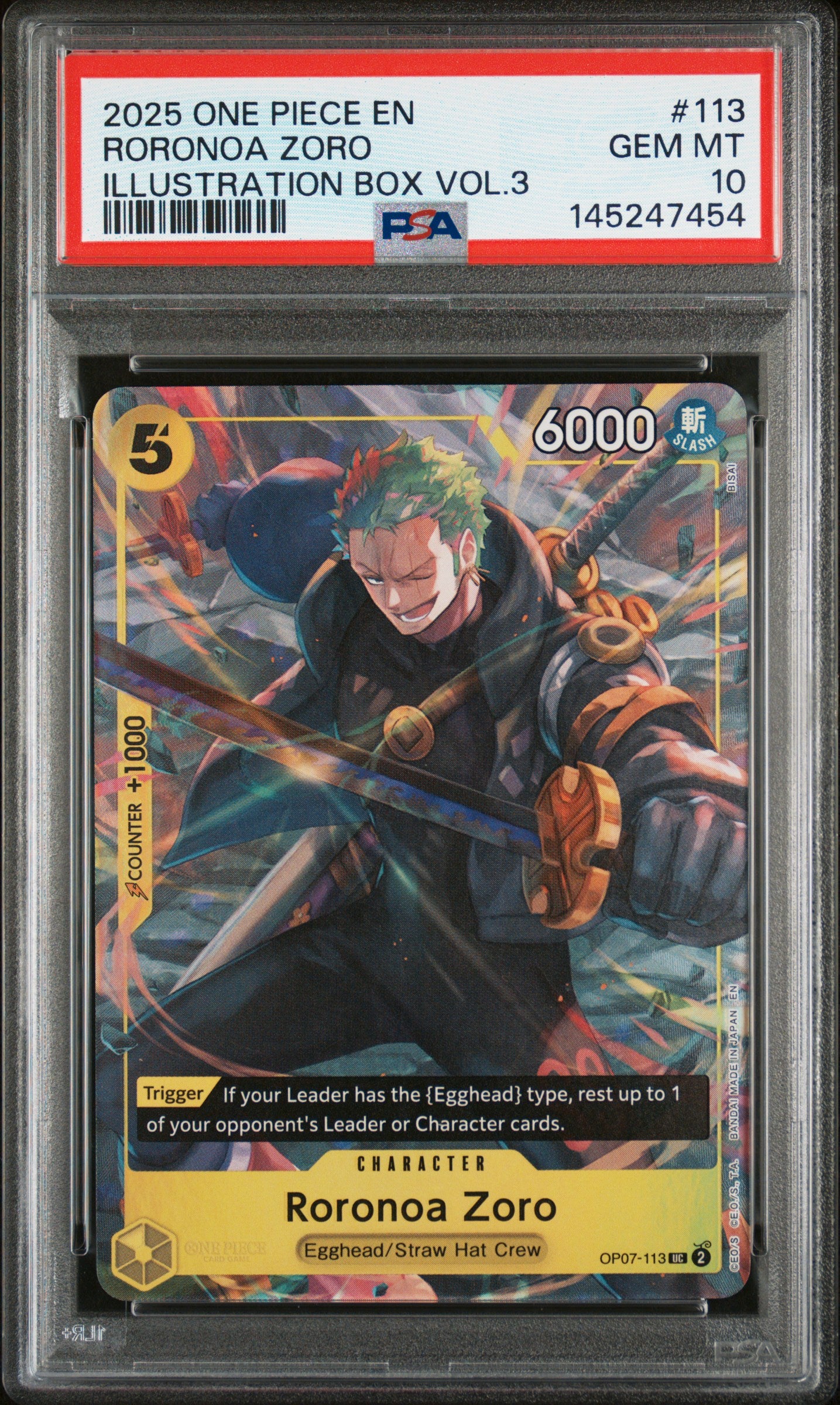 PSA 10 Gem Mint Roronoa Zoro OP07-113 One Piece Card Game Illustration Box Vol 3 English Trading Card slab.