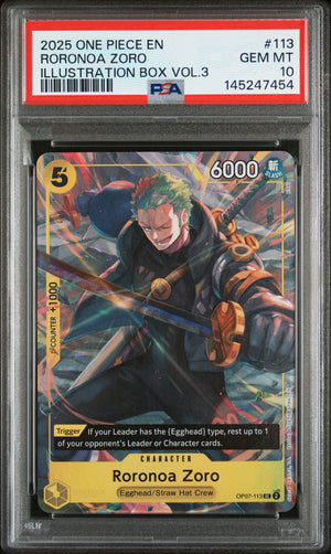 PSA 10 Gem Mint Roronoa Zoro OP07-113 One Piece Card Game Illustration Box Vol 3 English Trading Card slab.