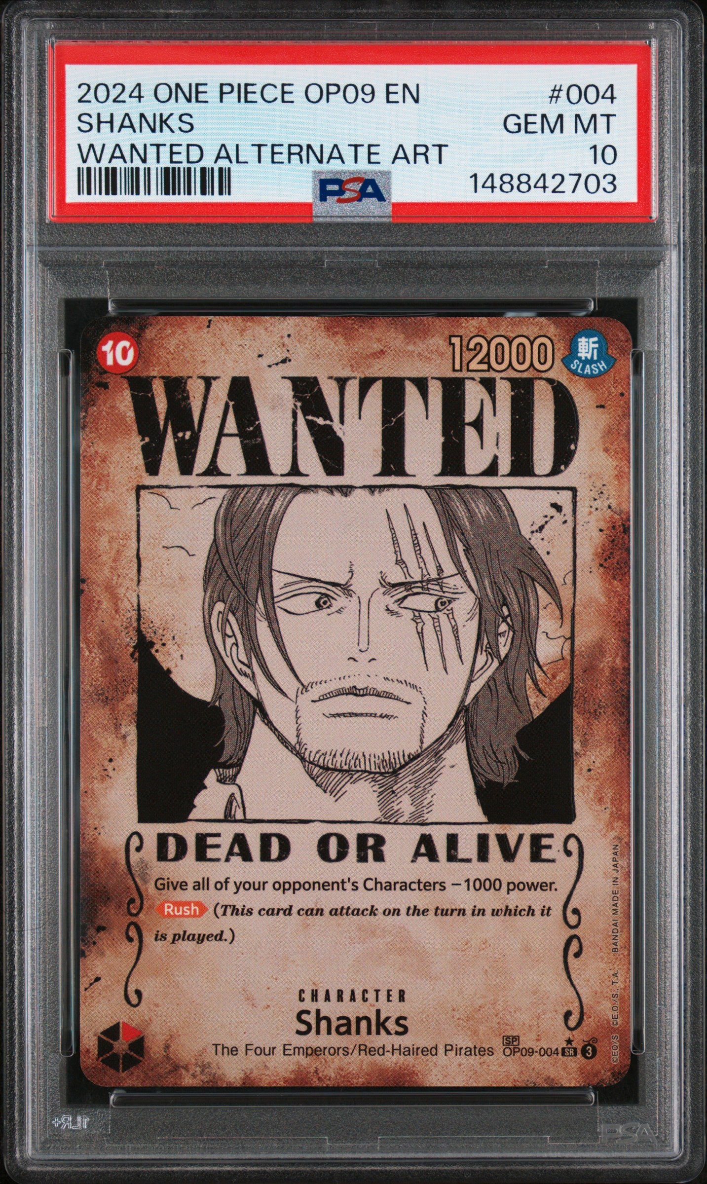 2024 One Piece OP09 Shanks 004 Wanted Alternate Art SP PSA 10 Gem Mint