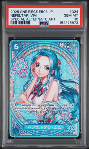Graded PSA 10 Gem Mint Nefeltari Vivi EB03-024 Special Alternate Art One Piece Japanese Trading Card slab.