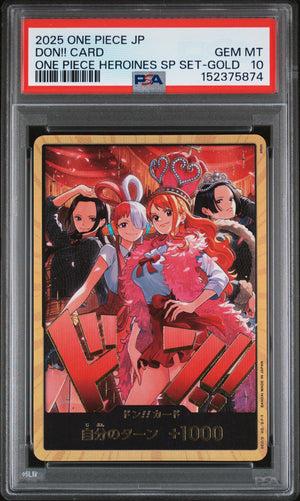 PSA 10 Graded Japanese One Piece DON!! Card from the Heroines SP Set, featuring Gold Variant artwork of Nami, Nico Robin, Uta, and Boa Hancock.