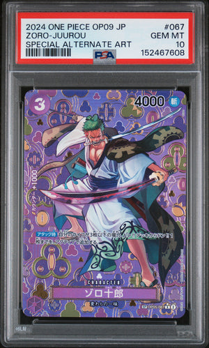 Graded PSA 10 Gem Mint Zoro-Juurou #067 Special Alternate Art Japanese One Piece Card Game OP09.