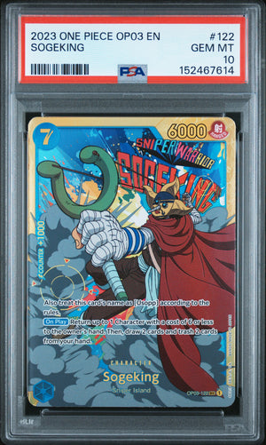 PSA 10 Gem Mint Sogeking OP03-122 Manga Alternate Art Secret Rare card from the One Piece Card Game Pillars of Strength set.