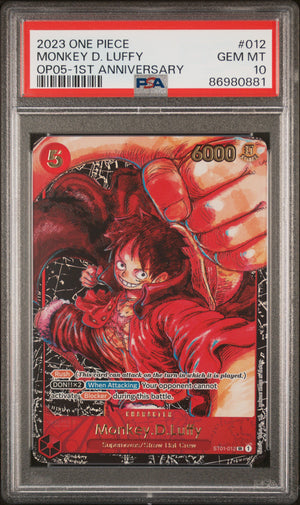 Graded PSA 10 Gem Mint Monkey D. Luffy ST01-012 OP-05 1st Anniversary One Piece Trading Card.