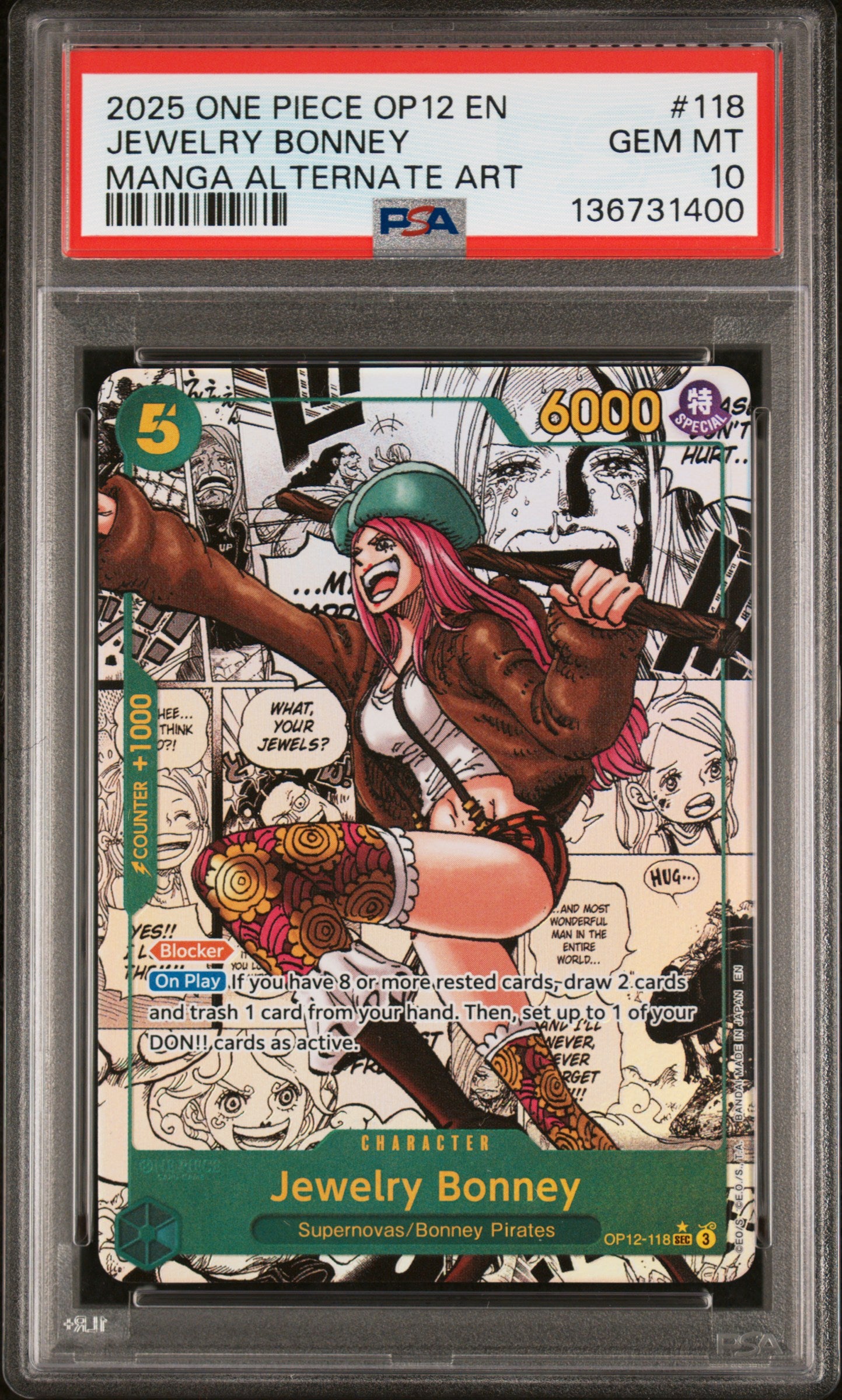 PSA 10 Gem Mint Jewelry Bonney OP12-118 Manga Alternate Art Secret Rare One Piece Card