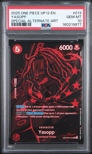 A PSA graded One Piece Yasopp character card in a clear plastic holder, with a red and black card design and a graded label at the top showing a 10-grade Gem Mint condition.