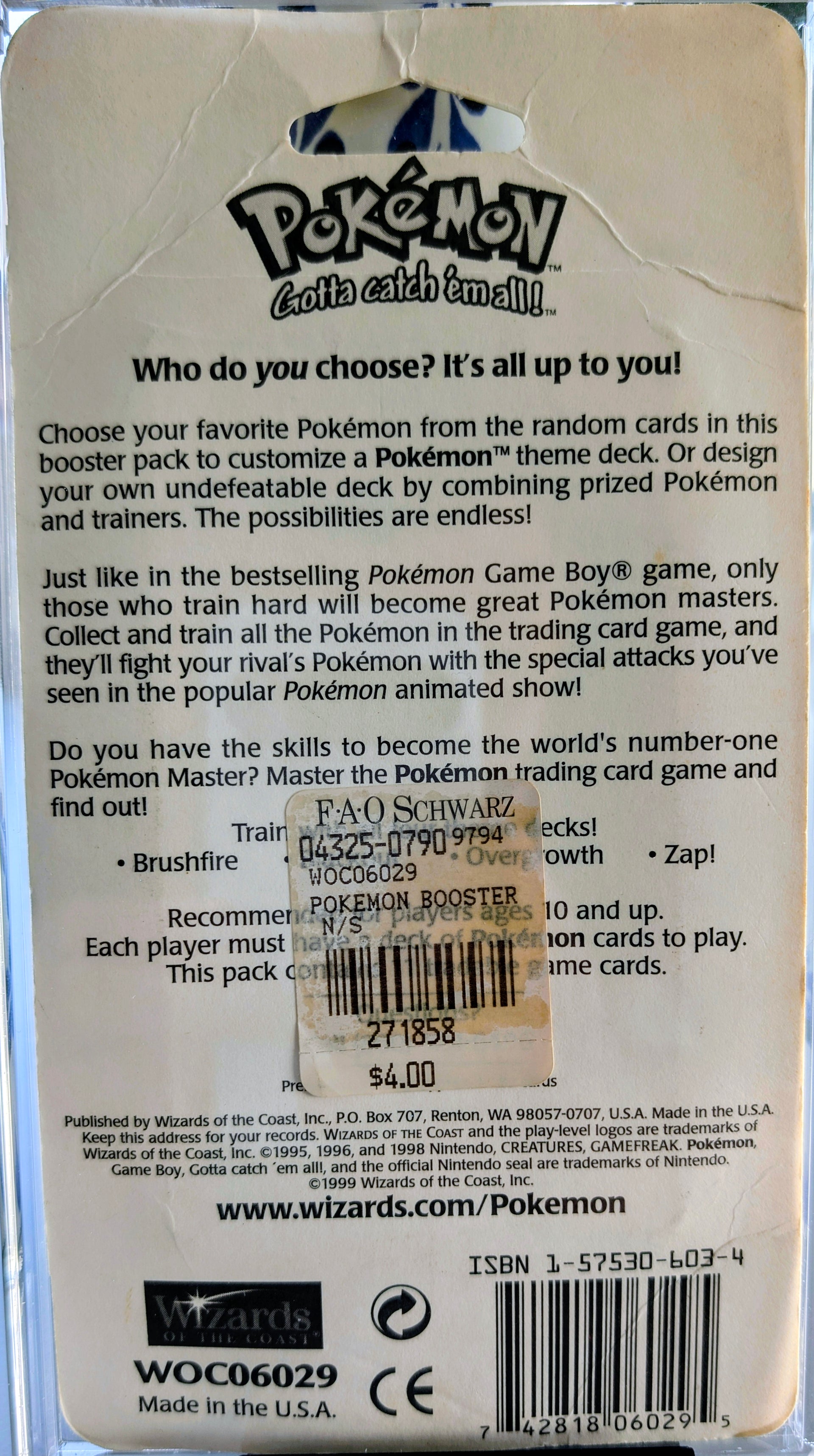 Front and back of a factory-sealed, unweighable vintage 1999 Pokemon TCG Base Set Blister Pack featuring Blastoise artwork and an original FAO Schwarz price tag.