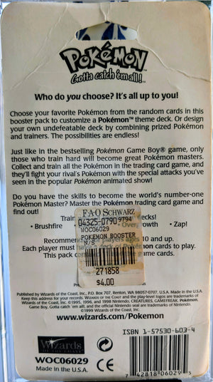 Front and back of a factory-sealed, unweighable vintage 1999 Pokemon TCG Base Set Blister Pack featuring Blastoise artwork and an original FAO Schwarz price tag.
