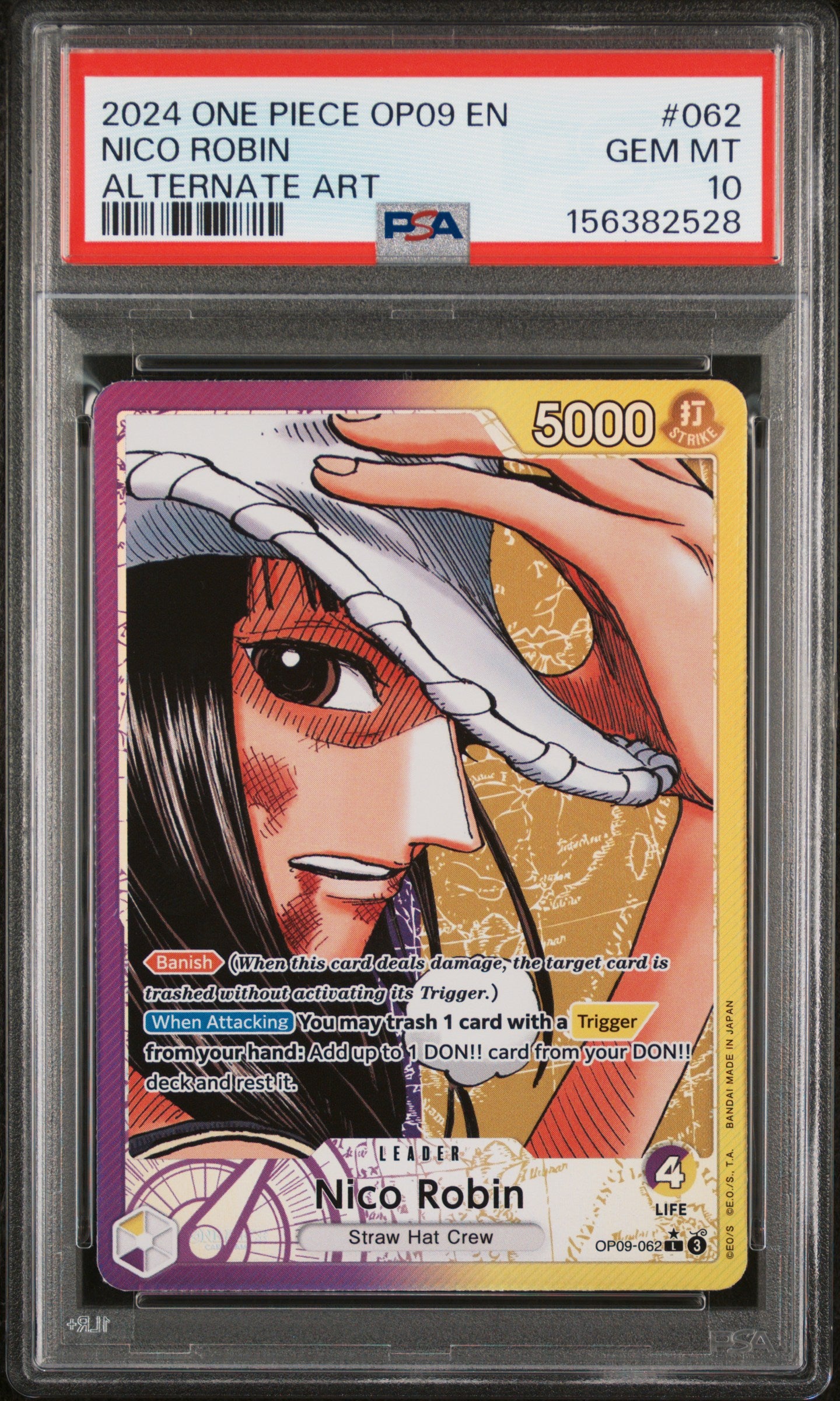 2024 One Piece OP09 EN Nico Robin #062 Alternate Art Leader graded PSA 10 Gem Mint.