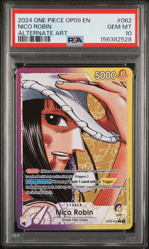 2024 One Piece OP09 EN Nico Robin #062 Alternate Art Leader graded PSA 10 Gem Mint.