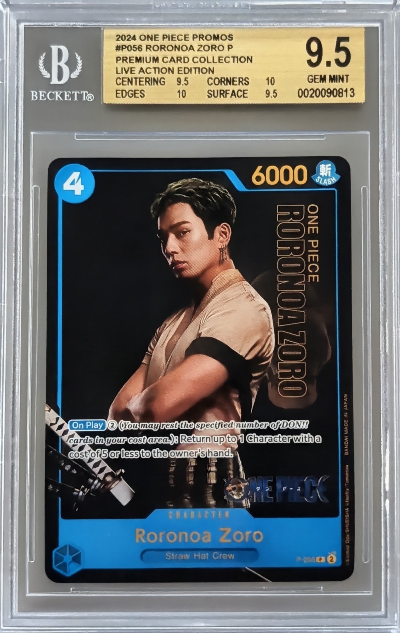 A graded One Piece trading card of Roronoa Zoro by Beckett, graded 9.5 Gem Mint.