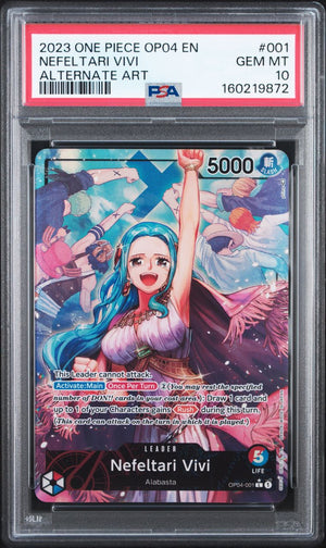 A graded One Piece OP04 NEFELTARI VIVI trading card, graded PSA Gem Mint 10, showing the character Nefeltari Vivi with blue hair and a pink outfit, sealed inside a clear plastic grading case.