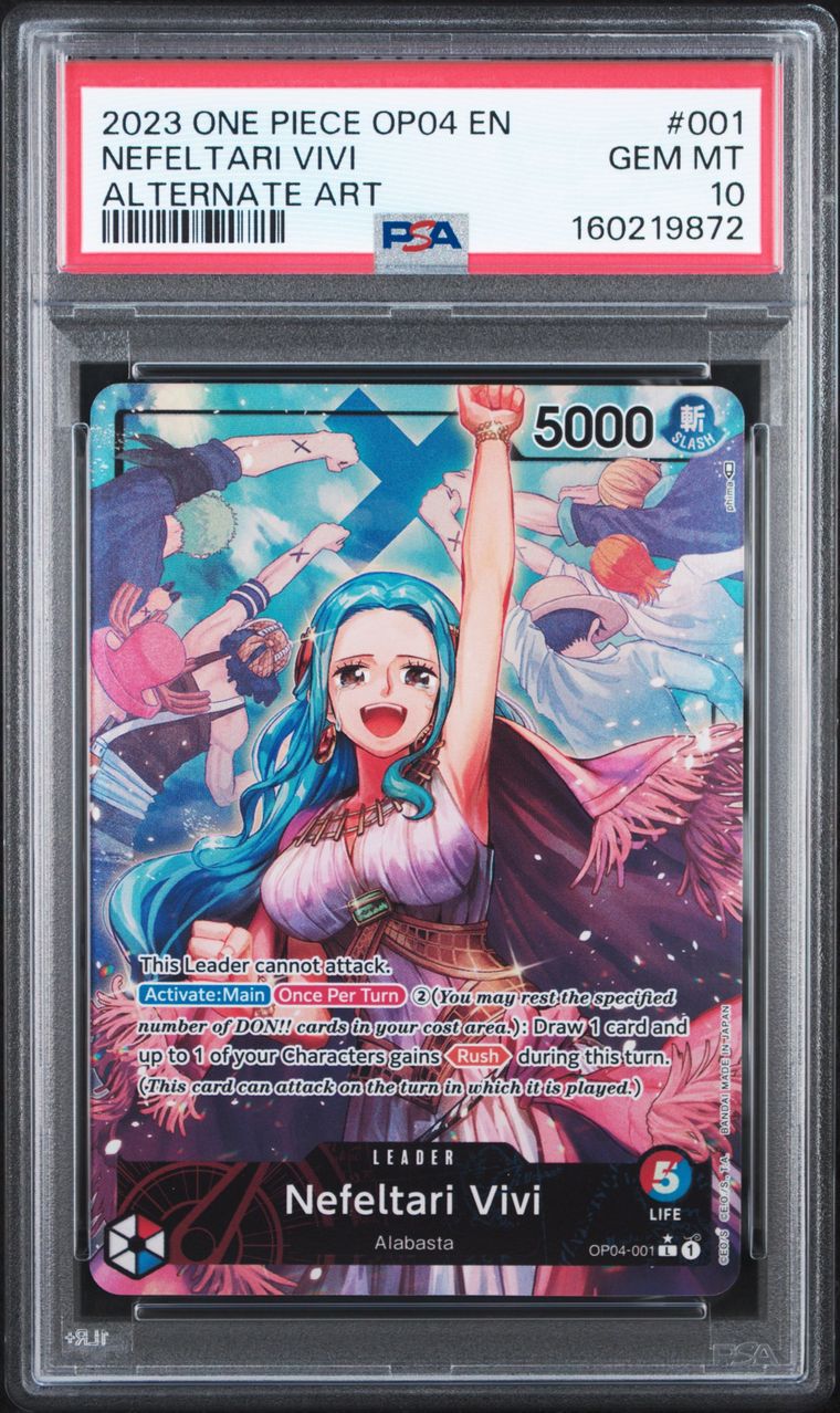 A graded One Piece OP04 NEFELTARI VIVI trading card, graded PSA Gem Mint 10, showing the character Nefeltari Vivi with blue hair and a pink outfit, sealed inside a clear plastic grading case.