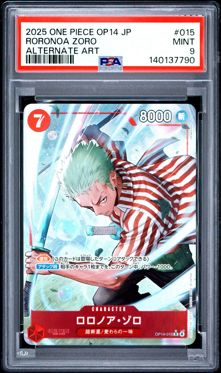 A PSA graded One Piece character card of Roronoa Zoro, graded a Mint 9. The card is encapsulated in a clear protective plastic holder with a red PSA grading label at the top.